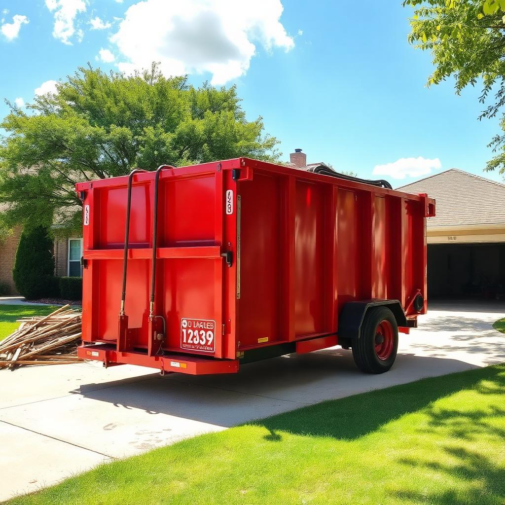 Red roll-off dumpster delivered to a residential driveway in Montgomery County, Texas